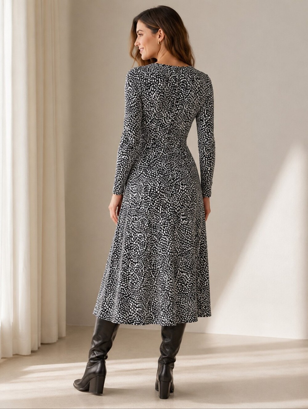 Boden Lucy EcoVero Tie Waist Midi Dress Black White Pebble Print Long Sleeve 4 - Picture 3 of 11